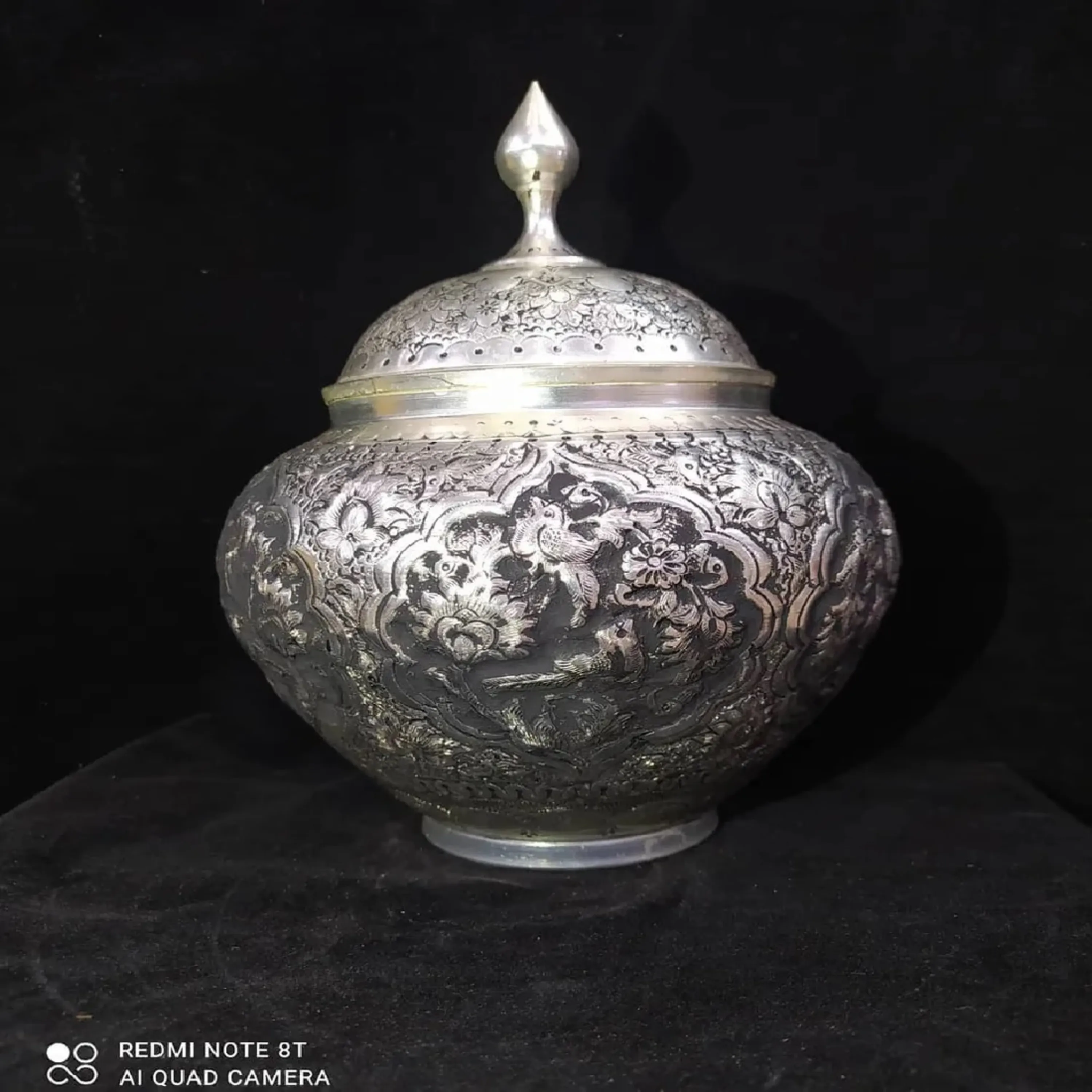 قندان سیب قلم گل مرغ اب نقره سیاه قلم قندان سیب قلم گل مرغ اب نقره سیاه قلم